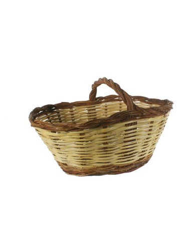 Panier à champignons artisanal en rotin et osier avec poignée, idéal pour la maison.