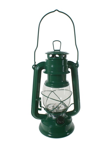 Farol LED de chapa color verde estilo antiguo para iluminación jardín decoración hogar. Medidas: 27x12x16 cm.
