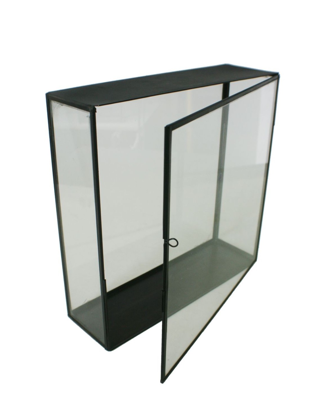 Urna de cristal rectangular alta con borde metálico para exposición 
