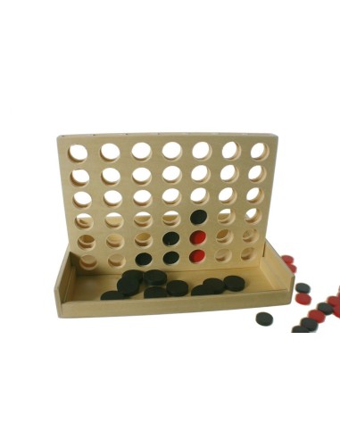 Jeu de 4 en ligne en bois naturel, jeu de société traditionnel, jeu de concentration motrice pour enfants.