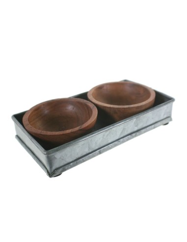 Plateau rectangulaire avec bols en bois naturel pour la décoration vitage et la vaisselle