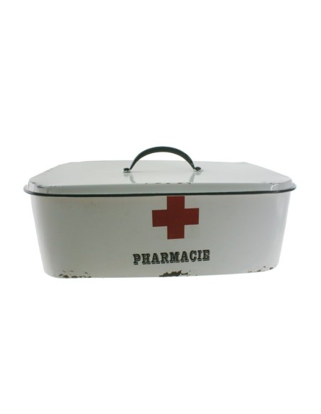 Caixa organitzador per emmagatzemar medicines de metall color blanc envellit decoració vintage llar. Mesures: 18x39x22 cm.